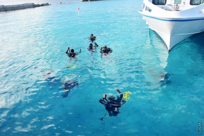 އޭޕްރިލް 2، 2015: ފުލުހުންނަށް ހާއްސަކޮށްގެން ދޫނިދޫގައި ގާއިމްކުރެވުނު ޑައިވިންގ ސްކޫލް ހުޅުވުމަށް ބޭއްވި ރަސްމިއްޔާތުގެ ތެރެއިން -- ސަންފޮޓޯ/ އަލީ ނަސީރު