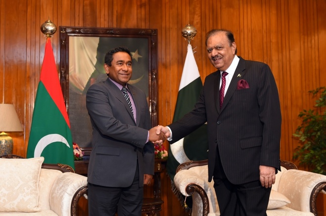މޭ، 7، 2015: ރައީސުލްޖުމްހޫރިއްޔާ، ޕާކިސްތާނުގެ ރައީސާ ބައްދަލު ކުރެއްވުން -- ފޮޓޯ/ ރައީސް އޮފީސް