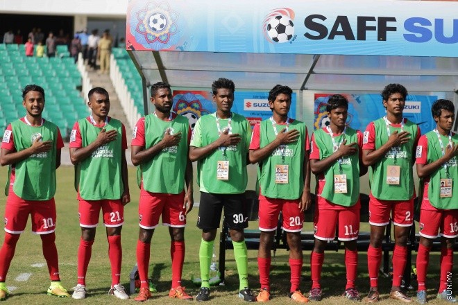 ޑިސެމްބަރ 31، 2015: ސާފް ސުޒުކީ ކަޕް ސެމީ ފައިނަލް ފުރަތަމަ މެޗުގައި ދިވެހި ރާއްޖެ އާއި އިންޑިއާ ބައްދަލުކުރި މެޗުގެ ތެރެއިން -- ސަން ފޮޓޯ/ ފަޔާޒު މޫސާ