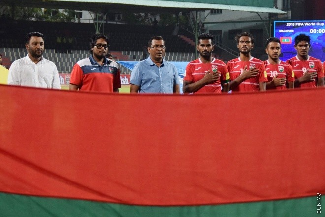 މާޗް 29، 2016: ވޯލްޑް ކަޕް ކޮލިފައިންގެ ފަހު މެޗުގައި ރާއްޖެ އާއި ބޫޓާން ބައްދަލުކުރި މެޗުގެ ތެރެއިން -- ސަން ފޮޓޯ/ފަޔާޒު މޫސާ