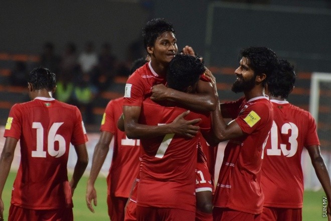 މާޗް 29، 2016: ވޯލްޑް ކަޕް ކޮލިފައިންގެ ފަހު މެޗުގައި ރާއްޖެ އާއި ބޫޓާން ބައްދަލުކުރި މެޗުގެ ތެރެއިން -- ސަން ފޮޓޯ/ފަޔާޒު މޫސާ