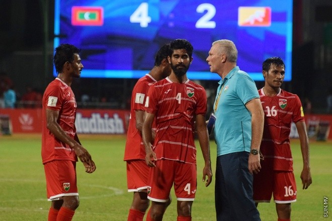 މާޗް 29، 2016: ވޯލްޑް ކަޕް ކޮލިފައިންގެ ފަހު މެޗުގައި ރާއްޖެ އާއި ބޫޓާން ބައްދަލުކުރި މެޗުގެ ތެރެއިން -- ސަން ފޮޓޯ/ފަޔާޒު މޫސާ
