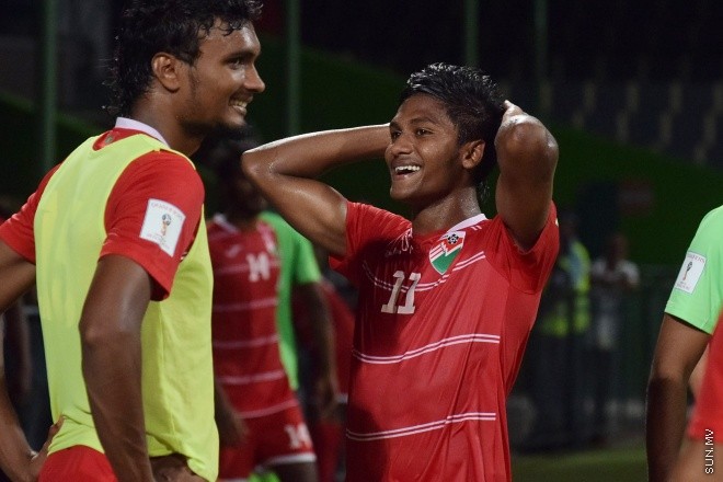 މާޗް 29، 2016: ވޯލްޑް ކަޕް ކޮލިފައިންގެ ފަހު މެޗުގައި ރާއްޖެ އާއި ބޫޓާން ބައްދަލުކުރި މެޗުގެ ތެރެއިން -- ސަން ފޮޓޯ/ފަޔާޒު މޫސާ