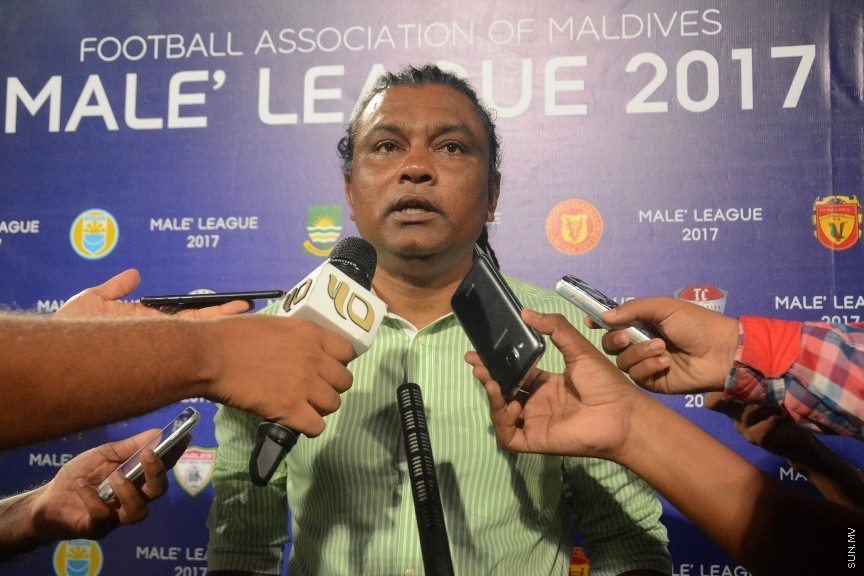 މާޗް 3، 2017: މާލޭ ލީގުގައި ނިއު ރޭޑިއަންޓް ސްޕޯޓްސް ކްލަބާއި ވިކްޓަރީ ސްޕޯޓްސް ކްލަބު ބައްދަލުކުރި މެޗުގެ ތެރެއިން -- ސަން ފޮޓޯ/ ފަޔާޒު މޫސާ