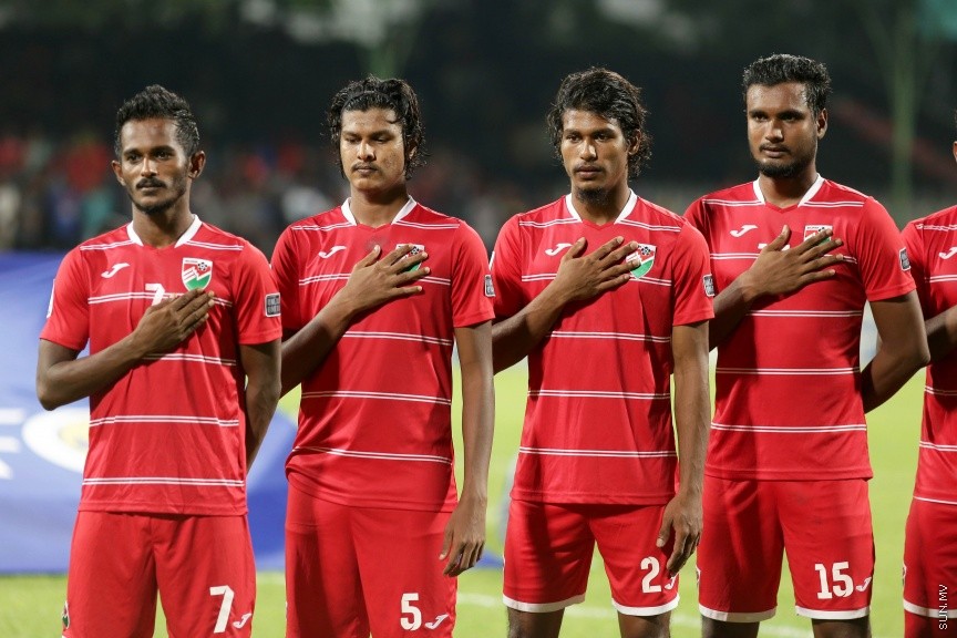 28 މާޗް 2017: އޭއެފްސީ އޭޝިއަން ކަޕް 2019 ކޮލިފިކޭޝަންގެ ގްރޫޕް ސްޓޭޖްގައި ރާއްޖެއާއި ފަލަސްތީނު ބައްދަލުކުރި މެޗުގެ ތެރެއިން---ސަން ފޮޓޯ/ ފަޔާޒު މޫސާ