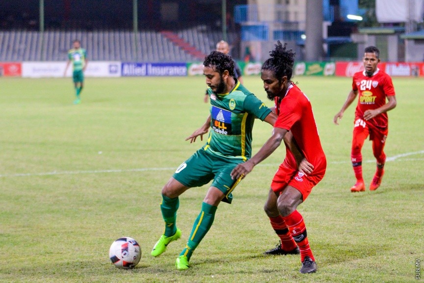 އުރީދޫ ދިވެހި ޕްރިމިއާރ ލީގުގައި ޓީސީ އާއި މާޒިޔާ ބައްދަލު ކުރި މެޗުގެ ތެރެއިން: 2-1  ގެ ނަތީޖާއަކުން މެޗު ކާމިޔާބް ކުރީ ޓީސީ---ސަން ފޮޓޯ/ މުހައްމަދު އަފްރާހް 