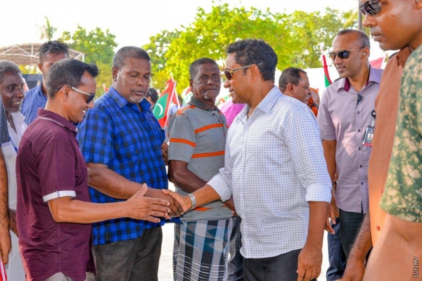 ރައީސުލްޖުމްހޫރިއްޔާ އަބްދުﷲ ޔާމީން އަބްދުލް ޤައްޔޫމް، ނ. އަތޮޅު ވެލިދޫއަށް ވަޑައިގަތުން -- ސަން ފޮޓޯ: ޝާން މުޙައްމަދު 