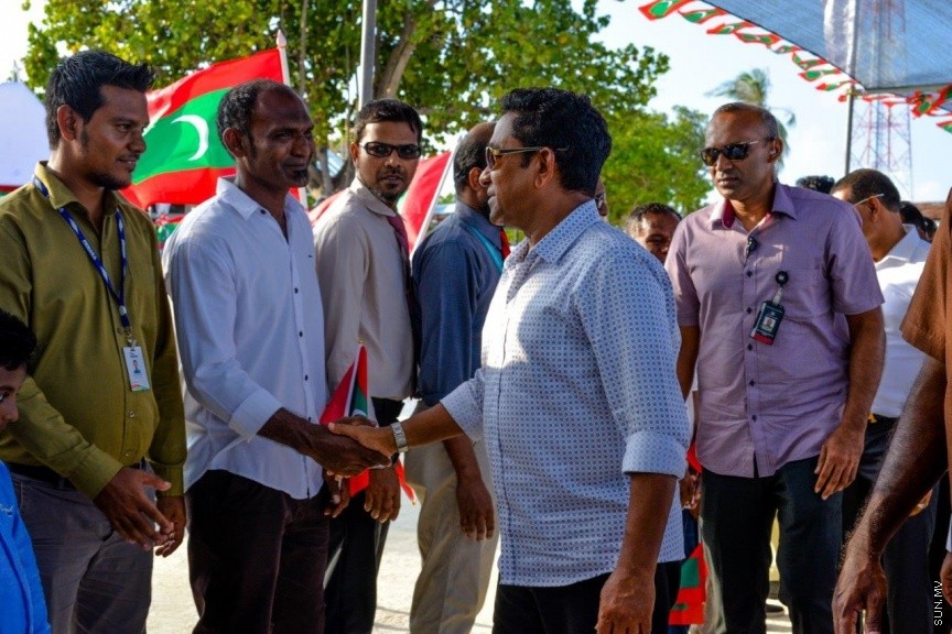 ރައީސުލްޖުމްހޫރިއްޔާ އަބްދުﷲ ޔާމީން އަބްދުލް ޤައްޔޫމް، ނ. އަތޮޅު ވެލިދޫއަށް ވަޑައިގަތުން -- ސަން ފޮޓޯ: ޝާން މުޙައްމަދު 