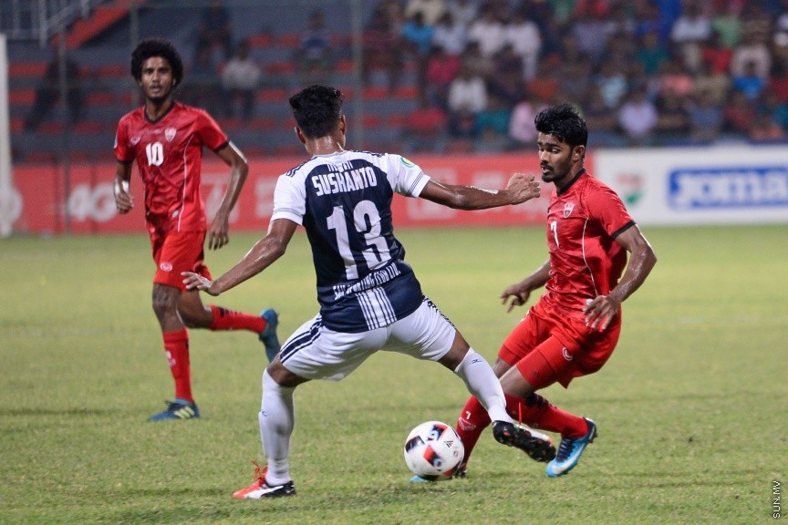 ޖެނުއަރީ 30، 2018: އޭއެފްސީ ކަޕް ޕްރިލިމިނަރީ ބުރުގައި ރާއްޖޭގެ ޓީސީ ސްޕޯޓްސް ކްލަބާއި ބަނގުލަދޭޝްގެ ސައިފް ސްޕޯޓިން ކްލަބު ބައްދަލުކުރި މެޗުގެ ތެރެއިން -- ސަން ފޮޓޯ/ ފަޔާޒު މޫސާ