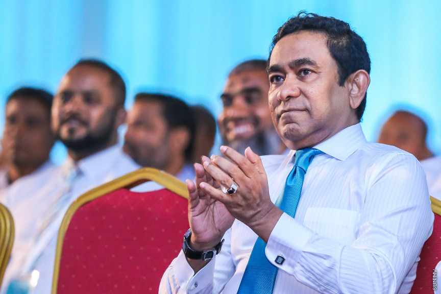 ޖެނުއަރީ 27، 2019: ކުރީގެ ރައީސް ޔާމީން އިސްވެ ހުންނަވައިގެން އުފައްދަވާ ޕީޕަލްސް ނޭޝަނަލް ކޮންގްރެސް (ޕީއެންސީ) އުފެއްދުމަށް ދަރުބާރުގޭގައި ބޭއްވި ޖަލްސާގެ ތެރެއިން -- ސަން ފޮޓޯ/ ފަޔާޒު މޫސާ