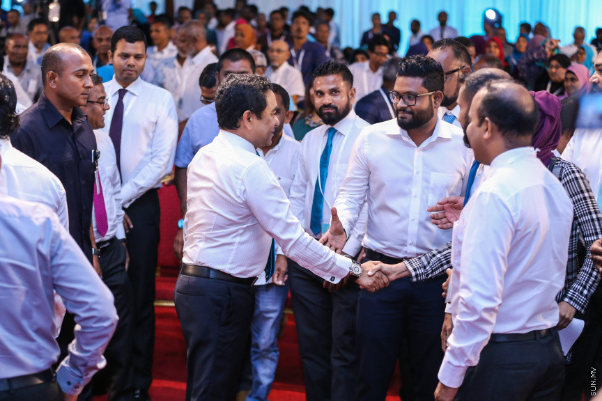 ޖެނުއަރީ 27، 2019: ކުރީގެ ރައީސް ޔާމީން އިސްވެ ހުންނަވައިގެން އުފައްދަވާ ޕީޕަލްސް ނޭޝަނަލް ކޮންގްރެސް (ޕީއެންސީ) އުފެއްދުމަށް ދަރުބާރުގޭގައި ބޭއްވި ޖަލްސާގެ ތެރެއިން -- ސަން ފޮޓޯ/ ފަޔާޒު މޫސާ