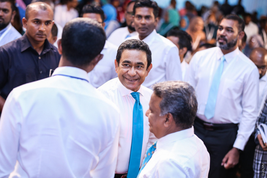 ޖެނުއަރީ 27، 2019: ކުރީގެ ރައީސް ޔާމީން އިސްވެ ހުންނަވައިގެން އުފައްދަވާ ޕީޕަލްސް ނޭޝަނަލް ކޮންގްރެސް (ޕީއެންސީ) އުފެއްދުމަށް ދަރުބާރުގޭގައި ބޭއްވި ޖަލްސާގެ ތެރެއިން -- ސަން ފޮޓޯ/ ފަޔާޒު މޫސާ