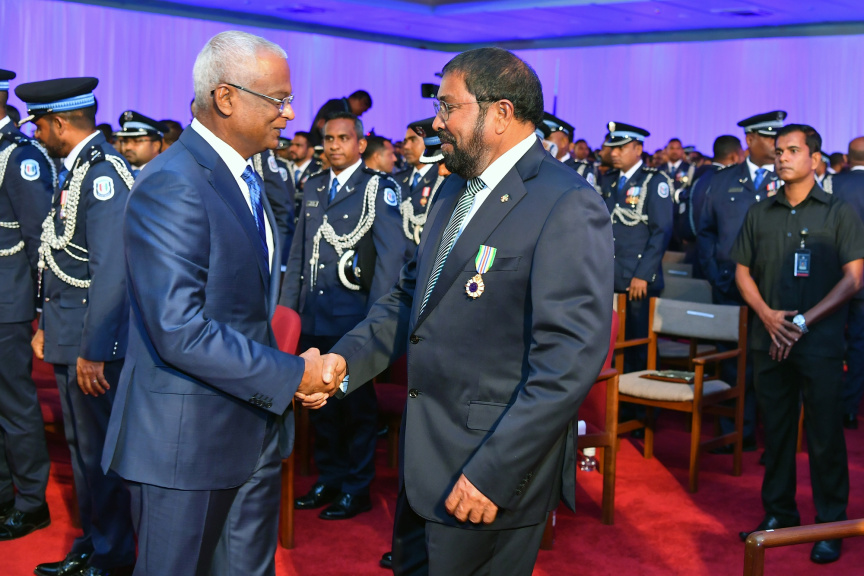 މާޗް 29، 2019، ފުލުހުންގެ މުއައްސަސާ އަށް 86 އަހަރު ފުރުން ފާހަގަކުރުމަށް ދަރުބާރުގޭގައި ބޭއްވި ޖަލްސާގެ ތެރެއިން -- ފޮޓޯ/ ރައީސް އޮފީސް