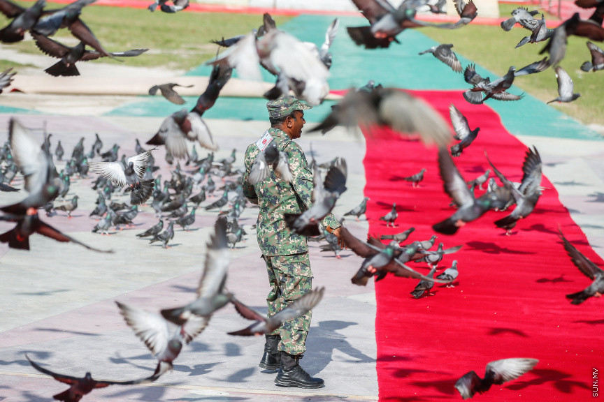 ޖޫން 8، 2019: އިންޑިއާގެ ބޮޑުވަޒީރު ނަރެންދުރަ މޯދީ ރާއްޖެއަށް ކުރައްވާ ރަސްމީ ދަތުރުފުޅުގެ ތެރެއިން: މާލޭގެ އިއްޒުއްދީން ފާލަމުން ރައީސް ސޯލިހް މޯދީއަށް މަރްހަބާ ދެންނެވުން -- ސަން ފޮޓޯ/ ފަޔާޒު މޫސާ