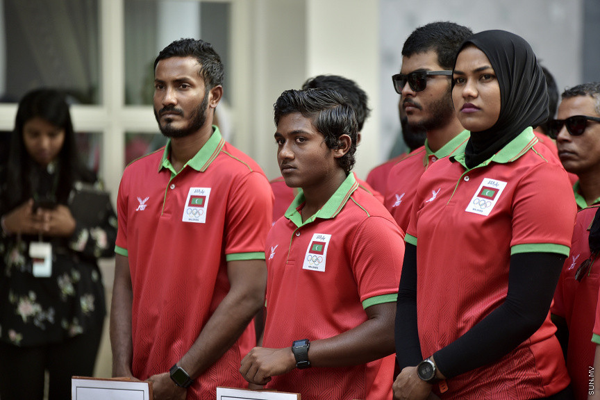 ޖުލައި 14، 2019: 10 ވަނަ އައިއޯއައިޖީ ގޭމްސްއަށް ރާއްޖެއިން ފޮނުވާ ކުޅުންތެރިންނާ ބައްދަލުކުރަން ރައީސް އޮފީހުގައި ބޭއްވި ރަސްމިއްޔާތުގެ ތެރެއިން -- ސަން ފޮޓޯ/ ފަޔާޒު މޫސާ