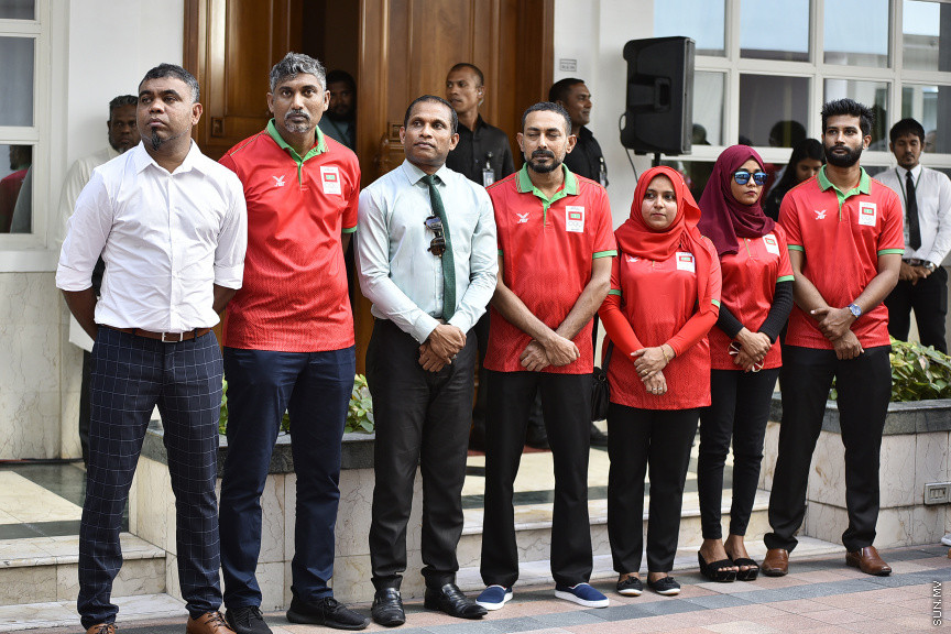 ޖުލައި 14، 2019: 10 ވަނަ އައިއޯއައިޖީ ގޭމްސްއަށް ރާއްޖެއިން ފޮނުވާ ކުޅުންތެރިންނާ ބައްދަލުކުރަން ރައީސް އޮފީހުގައި ބޭއްވި ރަސްމިއްޔާތުގެ ތެރެއިން -- ސަން ފޮޓޯ/ ފަޔާޒު މޫސާ