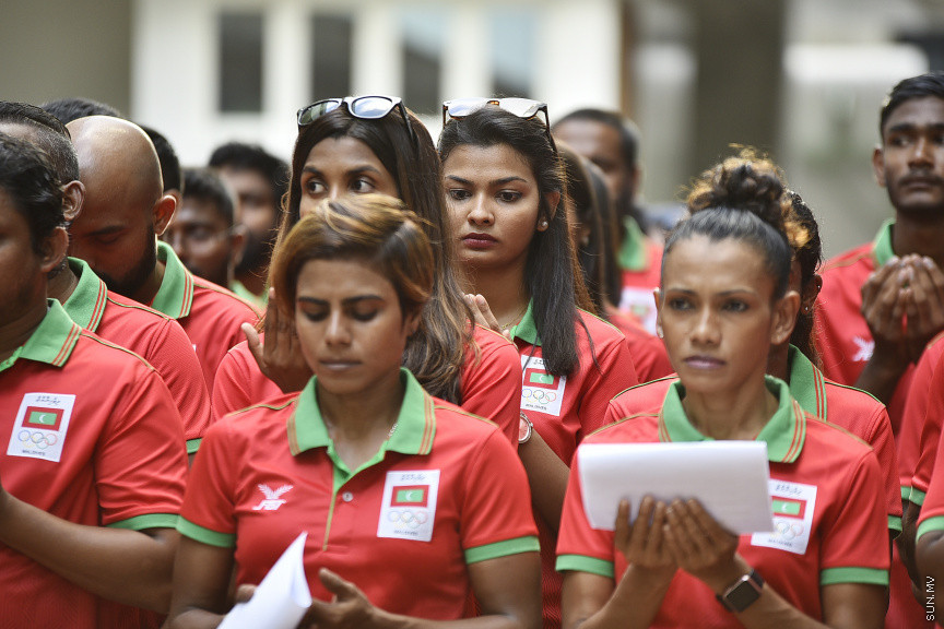 ޖުލައި 14، 2019: 10 ވަނަ އައިއޯއައިޖީ ގޭމްސްއަށް ރާއްޖެއިން ފޮނުވާ ކުޅުންތެރިންނާ ބައްދަލުކުރަން ރައީސް އޮފީހުގައި ބޭއްވި ރަސްމިއްޔާތުގެ ތެރެއިން -- ސަން ފޮޓޯ/ ފަޔާޒު މޫސާ