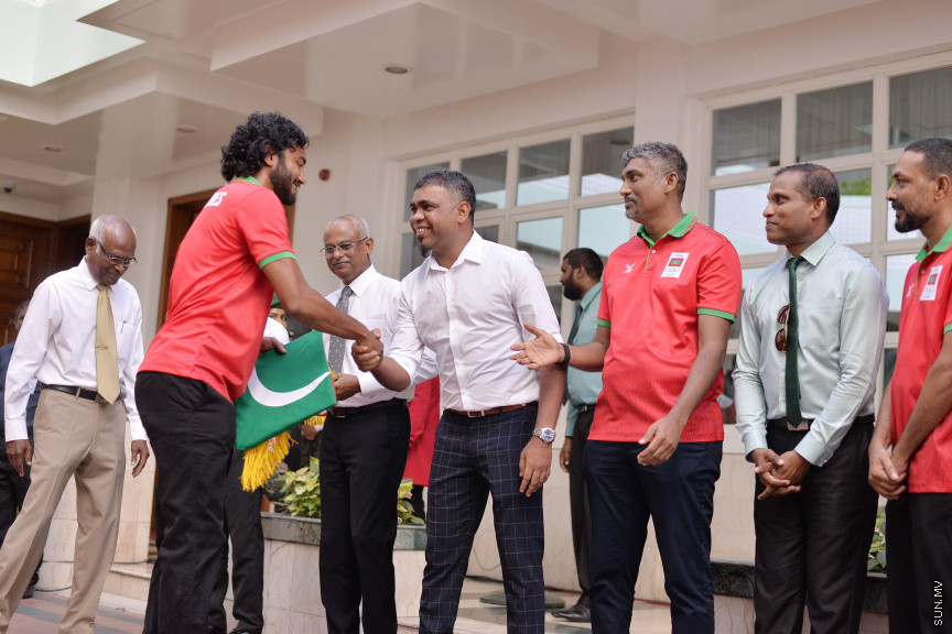 ޖުލައި 14، 2019: 10 ވަނަ އައިއޯއައިޖީ ގޭމްސްއަށް ރާއްޖެއިން ފޮނުވާ ކުޅުންތެރިންނާ ބައްދަލުކުރަން ރައީސް އޮފީހުގައި ބޭއްވި ރަސްމިއްޔާތުގެ ތެރެއިން -- ސަން ފޮޓޯ/ ފަޔާޒު މޫސާ