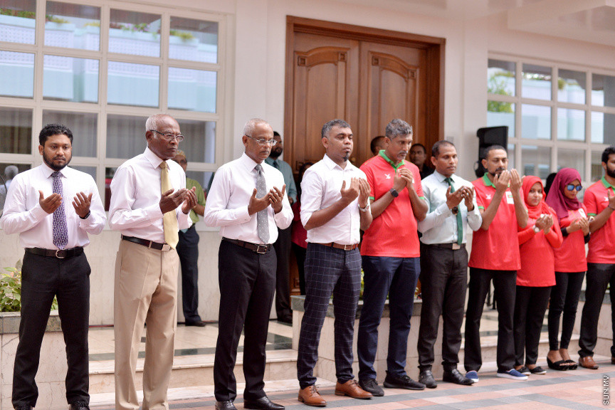 ޖުލައި 14، 2019: 10 ވަނަ އައިއޯއައިޖީ ގޭމްސްއަށް ރާއްޖެއިން ފޮނުވާ ކުޅުންތެރިންނާ ބައްދަލުކުރަން ރައީސް އޮފީހުގައި ބޭއްވި ރަސްމިއްޔާތުގެ ތެރެއިން -- ސަން ފޮޓޯ/ ފަޔާޒު މޫސާ