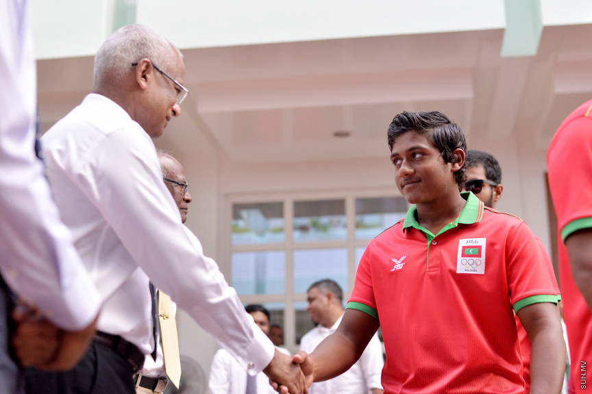 ޖުލައި 14، 2019: 10 ވަނަ އައިއޯއައިޖީ ގޭމްސްއަށް ރާއްޖެއިން ފޮނުވާ ކުޅުންތެރިންނާ ބައްދަލުކުރަން ރައީސް އޮފީހުގައި ބޭއްވި ރަސްމިއްޔާތުގެ ތެރެއިން -- ސަން ފޮޓޯ/ ފަޔާޒު މޫސާ