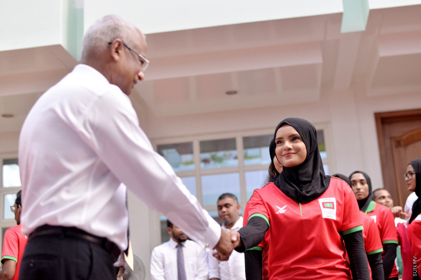 ޖުލައި 14، 2019: 10 ވަނަ އައިއޯއައިޖީ ގޭމްސްއަށް ރާއްޖެއިން ފޮނުވާ ކުޅުންތެރިންނާ ބައްދަލުކުރަން ރައީސް އޮފީހުގައި ބޭއްވި ރަސްމިއްޔާތުގެ ތެރެއިން -- ސަން ފޮޓޯ/ ފަޔާޒު މޫސާ