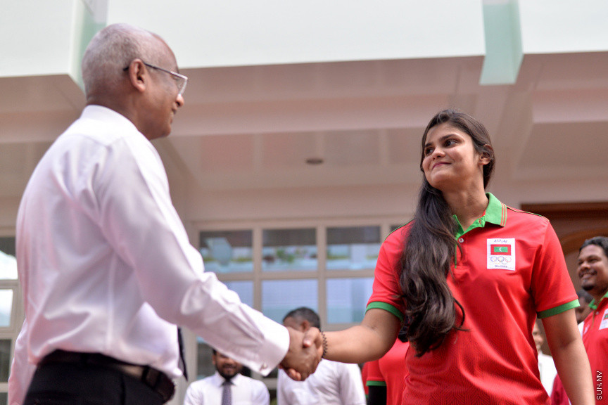 ޖުލައި 14، 2019: 10 ވަނަ އައިއޯއައިޖީ ގޭމްސްއަށް ރާއްޖެއިން ފޮނުވާ ކުޅުންތެރިންނާ ބައްދަލުކުރަން ރައީސް އޮފީހުގައި ބޭއްވި ރަސްމިއްޔާތުގެ ތެރެއިން -- ސަން ފޮޓޯ/ ފަޔާޒު މޫސާ