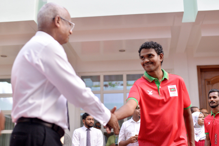 ޖުލައި 14، 2019: 10 ވަނަ އައިއޯއައިޖީ ގޭމްސްއަށް ރާއްޖެއިން ފޮނުވާ ކުޅުންތެރިންނާ ބައްދަލުކުރަން ރައީސް އޮފީހުގައި ބޭއްވި ރަސްމިއްޔާތުގެ ތެރެއިން -- ސަން ފޮޓޯ/ ފަޔާޒު މޫސާ