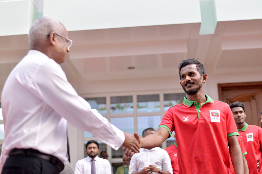 ޖުލައި 14، 2019: 10 ވަނަ އައިއޯއައިޖީ ގޭމްސްއަށް ރާއްޖެއިން ފޮނުވާ ކުޅުންތެރިންނާ ބައްދަލުކުރަން ރައީސް އޮފީހުގައި ބޭއްވި ރަސްމިއްޔާތުގެ ތެރެއިން -- ސަން ފޮޓޯ/ ފަޔާޒު މޫސާ