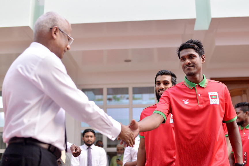 ޖުލައި 14، 2019: 10 ވަނަ އައިއޯއައިޖީ ގޭމްސްއަށް ރާއްޖެއިން ފޮނުވާ ކުޅުންތެރިންނާ ބައްދަލުކުރަން ރައީސް އޮފީހުގައި ބޭއްވި ރަސްމިއްޔާތުގެ ތެރެއިން -- ސަން ފޮޓޯ/ ފަޔާޒު މޫސާ
