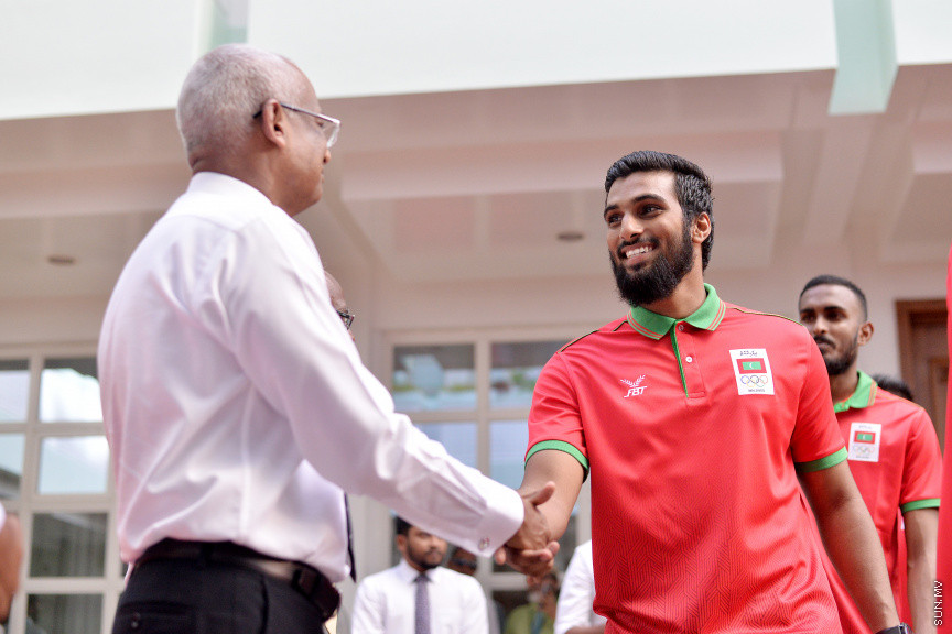ޖުލައި 14، 2019: 10 ވަނަ އައިއޯއައިޖީ ގޭމްސްއަށް ރާއްޖެއިން ފޮނުވާ ކުޅުންތެރިންނާ ބައްދަލުކުރަން ރައީސް އޮފީހުގައި ބޭއްވި ރަސްމިއްޔާތުގެ ތެރެއިން -- ސަން ފޮޓޯ/ ފަޔާޒު މޫސާ