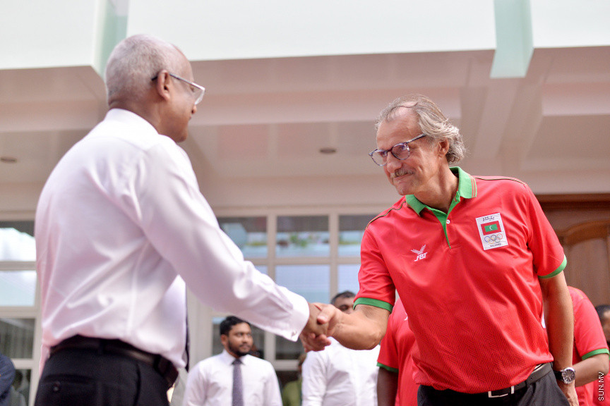 ޖުލައި 14، 2019: 10 ވަނަ އައިއޯއައިޖީ ގޭމްސްއަށް ރާއްޖެއިން ފޮނުވާ ކުޅުންތެރިންނާ ބައްދަލުކުރަން ރައީސް އޮފީހުގައި ބޭއްވި ރަސްމިއްޔާތުގެ ތެރެއިން -- ސަން ފޮޓޯ/ ފަޔާޒު މޫސާ