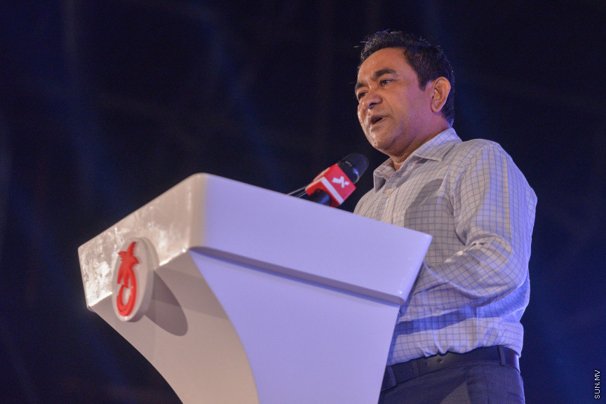 ނޮވެމްބަރ 22، 2019: "ހިބަރު ވަދު" ގެނަމުގައި އިދިކޮޅު ޕީޕީއެމް/ޕީއެންސީން ކާނިވާ ސަރަހައްދުގައި ބޭއްވި ޖަލްސާގެ ތެރެއިން -- ސަން ފޮޓޯ/ ފަޔާޒު މޫސާ