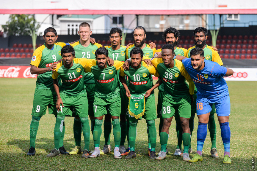 ފެބްރުއަރީ 12، 2020: އޭއެފްސީ ކަޕްގެ ޕްރިލިމިނަރީ ބުރުގެ ދެވަނަ ލެގުގައި ރާއްޖޭގެ މާޒިޔާއާއި ބަންގްލަދޭޝްގެ ޑާކާ އަބަހާނީ ބައްދަލުކުރި މެޗުގެ ތެރެއިން -- ސަން ފޮޓޯ/ ފަޔާޒު މޫސާ