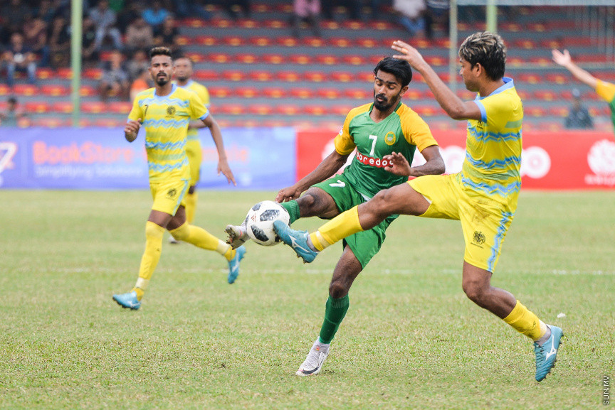 ފެބްރުއަރީ 12، 2020: އޭއެފްސީ ކަޕްގެ ޕްރިލިމިނަރީ ބުރުގެ ދެވަނަ ލެގުގައި ރާއްޖޭގެ މާޒިޔާއާއި ބަންގްލަދޭޝްގެ ޑާކާ އަބަހާނީ ބައްދަލުކުރި މެޗުގެ ތެރެއިން -- ސަން ފޮޓޯ/ ފަޔާޒު މޫސާ