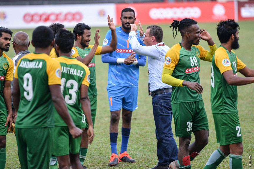 ފެބްރުއަރީ 12، 2020: އޭއެފްސީ ކަޕްގެ ޕްރިލިމިނަރީ ބުރުގެ ދެވަނަ ލެގުގައި ރާއްޖޭގެ މާޒިޔާއާއި ބަންގްލަދޭޝްގެ ޑާކާ އަބަހާނީ ބައްދަލުކުރި މެޗުގެ ތެރެއިން -- ސަން ފޮޓޯ/ ފަޔާޒު މޫސާ