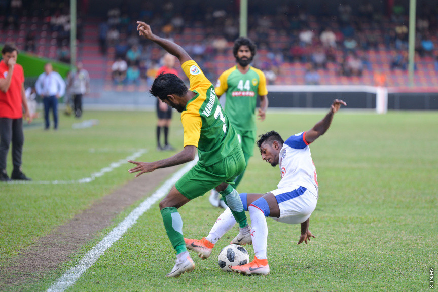 ފެބްރުއަރީ 19، 2020: އޭއެފްސީ މުބާރާތުގެ ޕްލޭ އޮފުގެ ފުރަތަމަ ލެގުގައި ރާއްޖޭގެ މާޒިޔާ ސްޕޯޓްސްއާ އިންޑިއާގެ ބެންގަލޫރު އެފްސީ ކުޅުނު މެޗުގެ ތެރެއިން -- ސަން ފޮޓޯ/ ފަޔާޒު މޫސާ