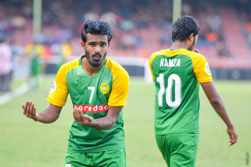 ފެބްރުއަރީ 19، 2020: އޭއެފްސީ މުބާރާތުގެ ޕްލޭ އޮފުގެ ފުރަތަމަ ލެގުގައި ރާއްޖޭގެ މާޒިޔާ ސްޕޯޓްސްއާ އިންޑިއާގެ ބެންގަލޫރު އެފްސީ ކުޅުނު މެޗުގެ ތެރެއިން -- ސަން ފޮޓޯ/ ފަޔާޒު މޫސާ