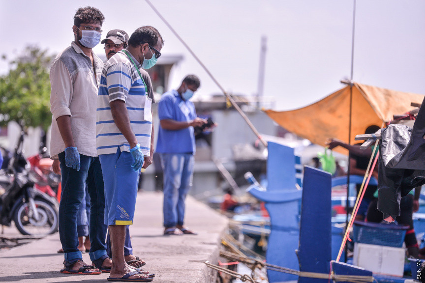 މެއި 14، 2020: ކޮވިޑް-19 ފެތުރޭތީ، ވެރިރަށް މާލެ ފުރަބަންދުގައި އޮތް އިރު މަސްވެރިން މަސްބާނައިގެން އައިސް މާރުކޭޓް ސަރަހައްދުގައި ދޯނުތަކުގައި ތިބެގެން މަސް ވިއްކުމުގެ މަސައްކަތުގައި -- ސަން ފޮޓޯ/ ފަޔާޒު މޫސާ