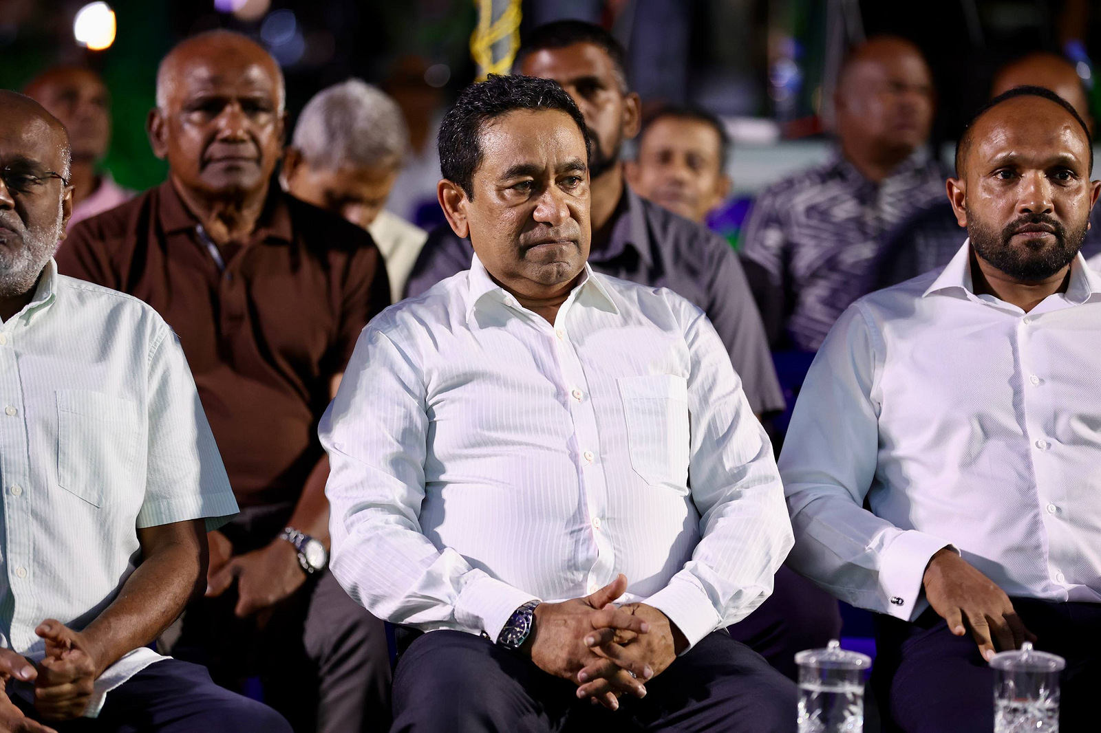 ކުރީގެ ރައީސް އަބްދުالله ޔާމީން އަބްދުލްގައްޔޫމުގެ ޕީއެންއެފްއިން 10 ސެޕްޓެމްބަރު 2026 ގައި ބޭއްވި "ފެހި ސިގްނަލް" ޖަލްސާގެ ތެރެއިން-- ސަން ފޮޓޯ: މުޙައްމަދު ޝާން