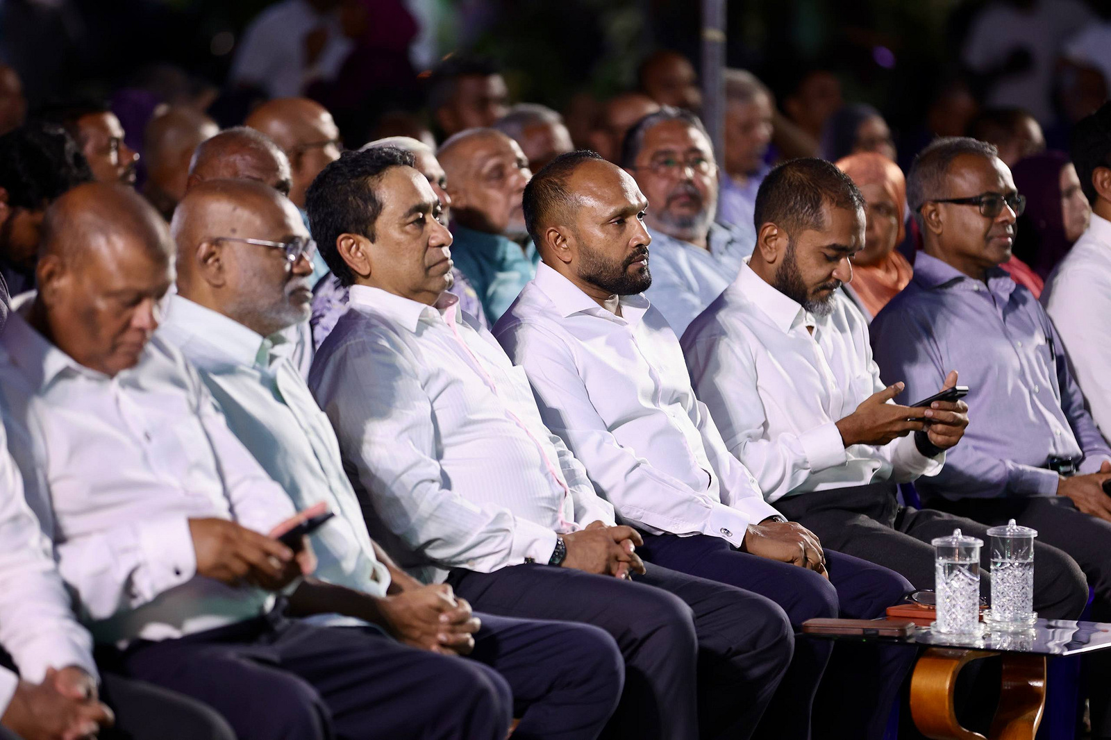 ކުރީގެ ރައީސް އަބްދުالله ޔާމީން އަބްދުލްގައްޔޫމުގެ ޕީއެންއެފްއިން 10 ސެޕްޓެމްބަރު 2026 ގައި ބޭއްވި "ފެހި ސިގްނަލް" ޖަލްސާގެ ތެރެއިން-- ސަން ފޮޓޯ: މުޙައްމަދު ޝާން